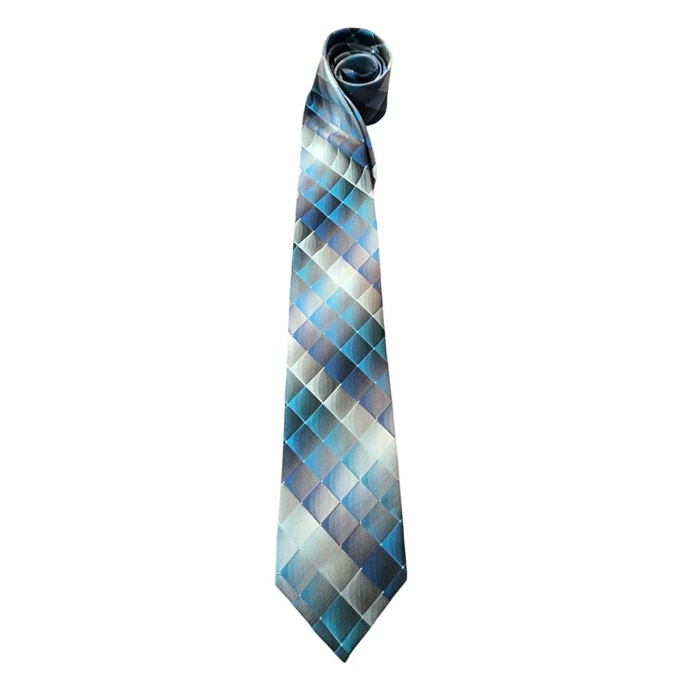 Pierre Cardin Mens Geometric Diamond Silk Feel Blue Grey‎ Necktie Hand Made